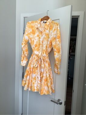 Lands' End Yellow & White Floral Long-Sleeve Shirt Dress